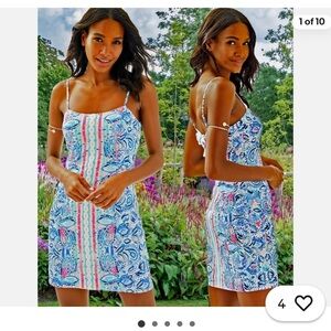 Lilly Pulitzer Shelli Stretch Dress Blue Pink Spaghetti Strap Mini Dress